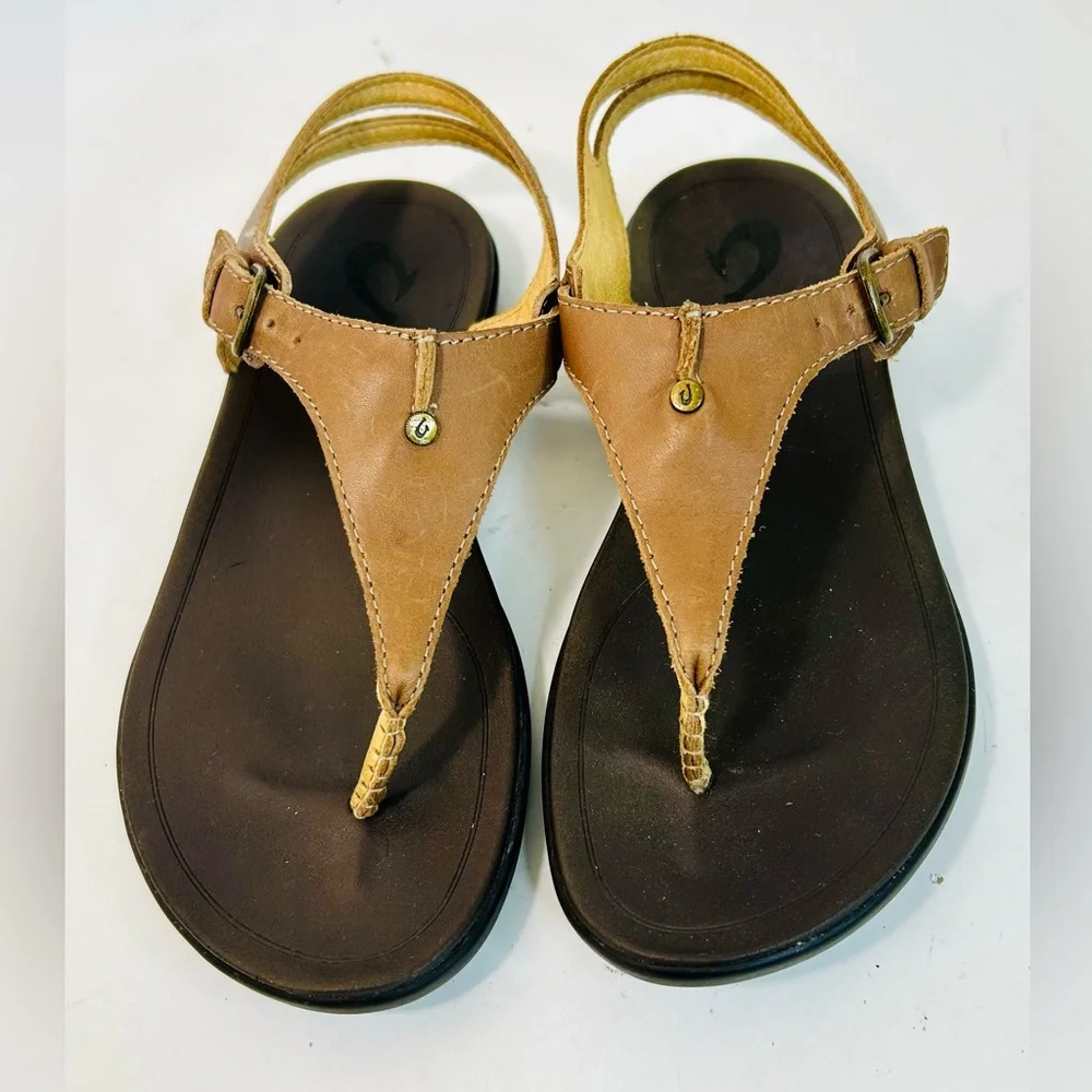 OluKai 'Eheu Thong Sandal in Kona Coffee Brown Leather size 6 - Picture 1 of 9